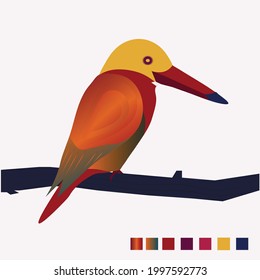 yellow and golden kingfisher bird sitting on branch vector art