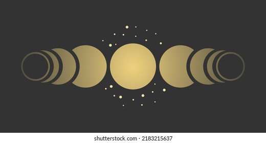 Yellow golden moon different phases of lunar phases with stars on black background boho flat vector icon design.