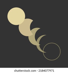 Yellow golden moon different phases of lunar phases on dark black background boho flat vector icon design.
