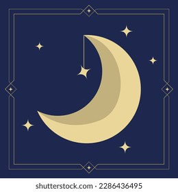 Yellow, golden, orange moon icon with frame. Tarot style vector illustration. Flat design clip art. Vector stock illustration on dark background