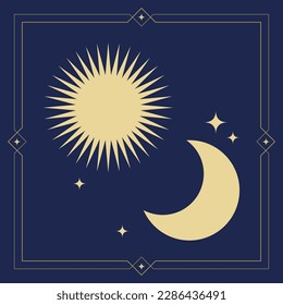 Yellow, golden, orange moon and sun icon with frame. Tarot style vector illustration. Flat design clip art. Vector stock illustration on dark background