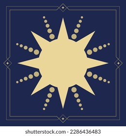 Yellow, golden, orange sun icon with frame. Tarot style vector illustration. Flat design clip art. Vector stock illustration on dark background