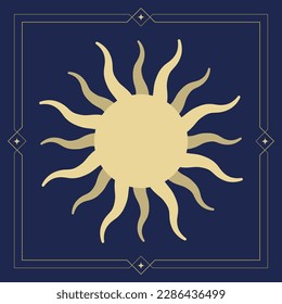 Yellow, golden, orange sun icon with frame. Tarot style vector illustration. Flat design clip art. Vector stock illustration on dark background