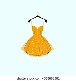 Yellow and golden party dress.Vector illustration. Illustration for birthday card