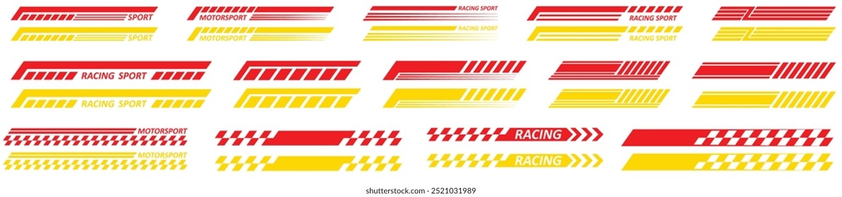 Amarelo dourado carro de corrida destila seta e decalques de linha de corrida para a velocidade. Vetor carro de corrida, auto, motocicleta, adesivos de vinil de bicicleta e linhas. Sinalizador de início e término da corrida