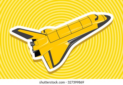 Yellow golden space shuttle on yellow dartboard. Nice American flighting spaceship.