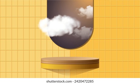 Yellow and golden stage podium with sky and cloud background vector. 3D Stage podium and minimal cloud scene for an Award Ceremony. Vector illustration.