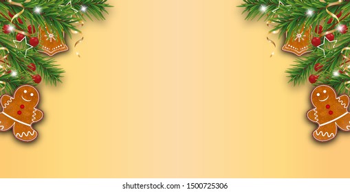 Yellow Golden Xmas background decorated Christmas tree branches with gingerbread cookies, holly berries and golden ribbons. Holidays decoration. Vector illustration.