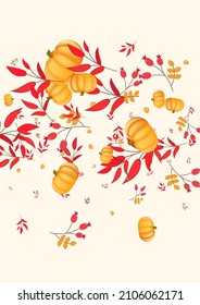 Yellow Gourd Background Beige Vector. Leaves Floral. Red Holiday Frame. Maple Border. Colorful Pumpkin Wallpaper Texture.