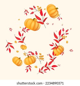 Yellow Gourd Background Beige Vector. Vegetable Cozy. Green Wreath Border. Vintage Banner. Colorful Rowan Autumn Card.