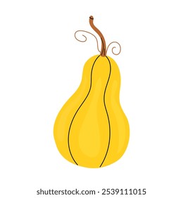 Yellow gourd with a curved shape and intricate stem resting on a plain background