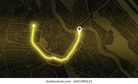 Yellow GPS Route on Vienna map at Night — Navigation and Location Concept