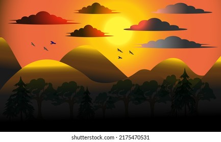 yellow gradient orange background abstract illustration mountain forest flock of birds flying back to the nest beautiful natural atmosphere