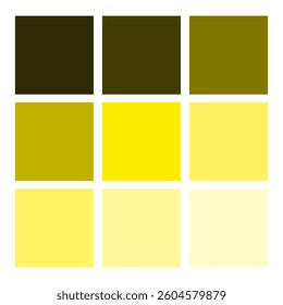 Yellow gradient palette. Nine square swatches. Bright to soft tones. Vector color chart.