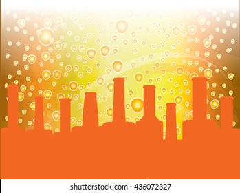 Yellow gradient vector background with bubbles and orange color bottles silhouettes - beer concept illustration. Abstract beer canvas as design element for bar advertising,  Oktoberfest flyer.
