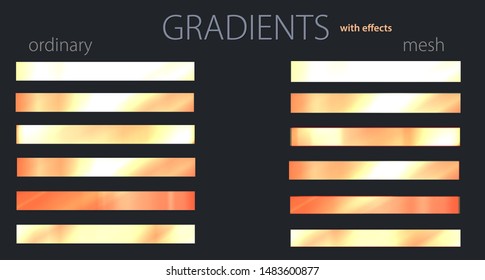 Yellow gradients with effects. Set or palette. Mesh and regular gradients. Golden colors. For designers. Vector illustration. Holiday colors. G
raphic resources. Yellow and orange color. 