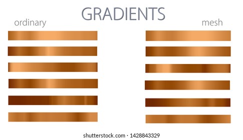 Yellow gradients. Set or palette. Mesh and regular gradients. Golden colors. For designers. Vector illustration. Holiday colors. Graphic resources. Brown color. 