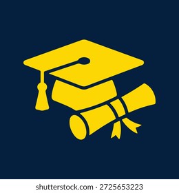 Cápsula de formatura amarela e ícone de rolagem de diploma sobre fundo azul para conceitos educacionais