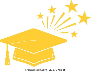 Un icono amarillo de gorra de graduación con estrellas de celebración y ráfagas de luz