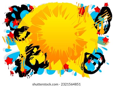 Burbuja del discurso del graffiti amarillo sobre fondo colorido. Resumen de la decoración de arte callejero moderno con un estilo de pintura urbano.