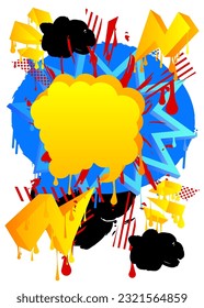 Burbuja del discurso del graffiti amarillo sobre fondo colorido. Resumen de la decoración de arte callejero moderno con un estilo de pintura urbano.