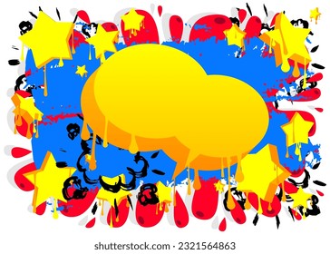 Yellow Graffiti speech bubble on colorful background. Abstract modern street art decoration backdrop performed in urban painting style.