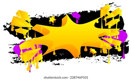 Burbuja del discurso de grafiti amarillo con elementos morados y negros. Resumen del diseño de arte callejero moderno. Discusión, símbolo del mensaje de retroalimentación realizado al estilo de pintura urbana.