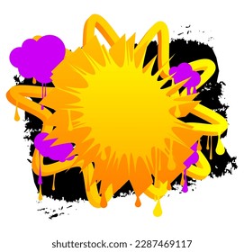 Burbuja del discurso de grafiti amarillo con elementos morados y negros. Resumen del diseño de arte callejero moderno. Discusión, símbolo del mensaje de retroalimentación realizado al estilo de pintura urbana.