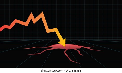 Yellow graph arrow breaking through the ground. Arrow vector crash illustration. 