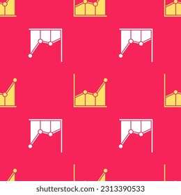 Yellow Graph, schedule, chart, diagram, infographic, pie graph icon isolated seamless pattern on red background.  Vector Illustration