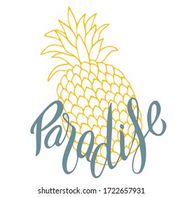 Yellow graphic outline pineapple vector illustration with paradise word isolated on a white background. 