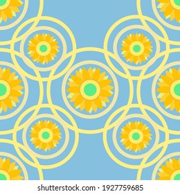 Yellow graphics sunflower circle blue background seamless