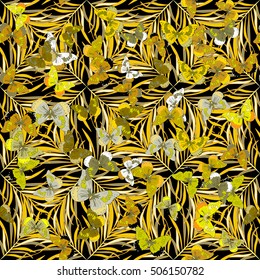 yellow grass doodles vector Illustration background over black with butterflies.