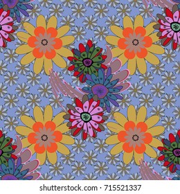 Yellow, gray and blue background wallpaper illustration with yellow, gray and blue flowers and vintage paisley ornaments. Modern luxury texture for fabrics, textile. Vector floral seamless pattern.