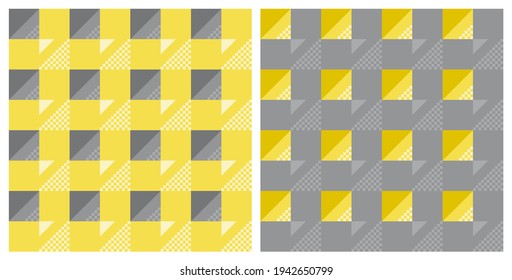 Yellow gray checkered pattern, diagonal pixel dots triangle shape. Abstract pattern seamless background. Color trend of 2021. Textured for fabric, tile, cover, poster, wall. Vector illustration.