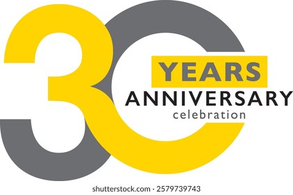 yellow and gray color number 30 and yellow square with word years gray color and word anniversary celebration black color.