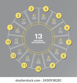 Yellow and Gray colors for circle infographic with thin line icons. 13 options or steps for infographics, flow charts, presentations, web sites, printed materials. Infographics business concept.