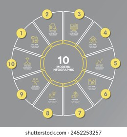 Yellow and Gray colors for circle infographic with thin line icons. 10 options or steps for infographics, flow charts, presentations, web sites, printed materials. Infographics business concept.