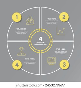 Yellow and Gray colors for circle infographic with thin line icons. 4 options or steps for infographics, flow charts, presentations, web sites, printed materials. Infographics business concept.