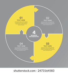 Colores amarillo y gris para infografía circular con iconos de línea delgada. 4 opciones o pasos para infografías, diagramas de flujo, presentaciones, Sitios web, materiales impresos. Concepto de negocio de infografía.