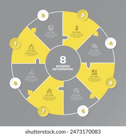 Colores amarillo y gris para infografía circular con iconos de línea delgada. 8 opciones o pasos para infografías, diagramas de flujo, presentaciones, Sitios web, materiales impresos. Concepto de negocio de infografía.