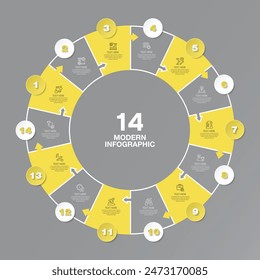 Yellow and Gray colors for circle infographic with thin line icons. 14 options or steps for infographics, flow charts, presentations, web sites, printed materials. Infographics business concept.