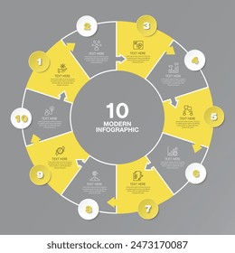 Colores amarillo y gris para infografía circular con iconos de línea delgada. 10 opciones o pasos para infografías, diagramas de flujo, presentaciones, Sitios web, materiales impresos. Concepto de negocio de infografía.