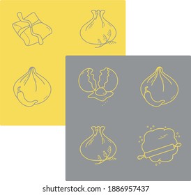 Iconos vectoriales de masa amarilla y gris.  Colección de un pasador rodante, bolas de masa, khinkali y huevos rotos. Aislado sobre un fondo opuesto 