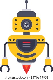 Yellow and gray friendly robot with a camera and claw arms, flying and hovering with rocket boosters, embodying the concept of artificial intelligence and futuristic technology