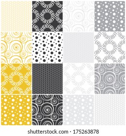 yellow and gray geometric seamless patterns with dots, circles and waves, vector illustration