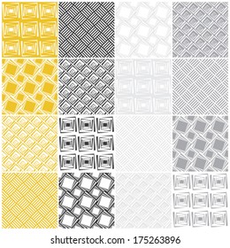 yellow and gray geometric seamless patterns with squares, vector illustration