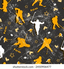 Yellow, gray, gold sports texture. Hockey ice arena with children hockey players. Skates, sticks and pucks. Vector illustration.