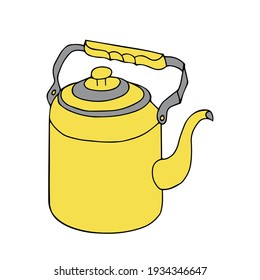 A Yellow and gray hand drawing illustration of a metal kettle with hot water for tea or coffee isolated on a white background