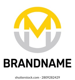 Yellow and gray letter M logo design with brandname text icon